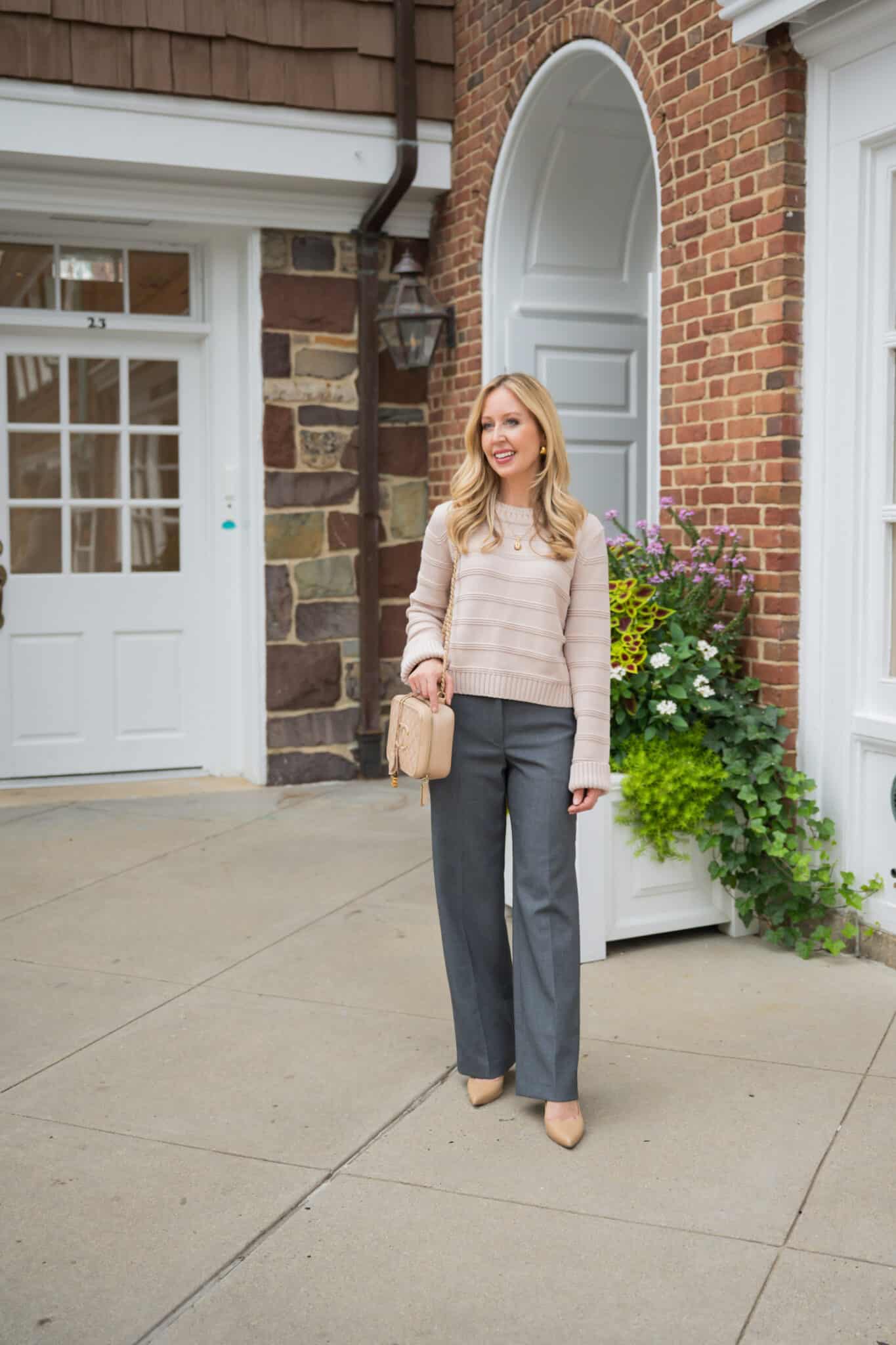 sachin and babi light blue dress How to Style Gray Pants (Plus the Best Colors to Wear With Them)
